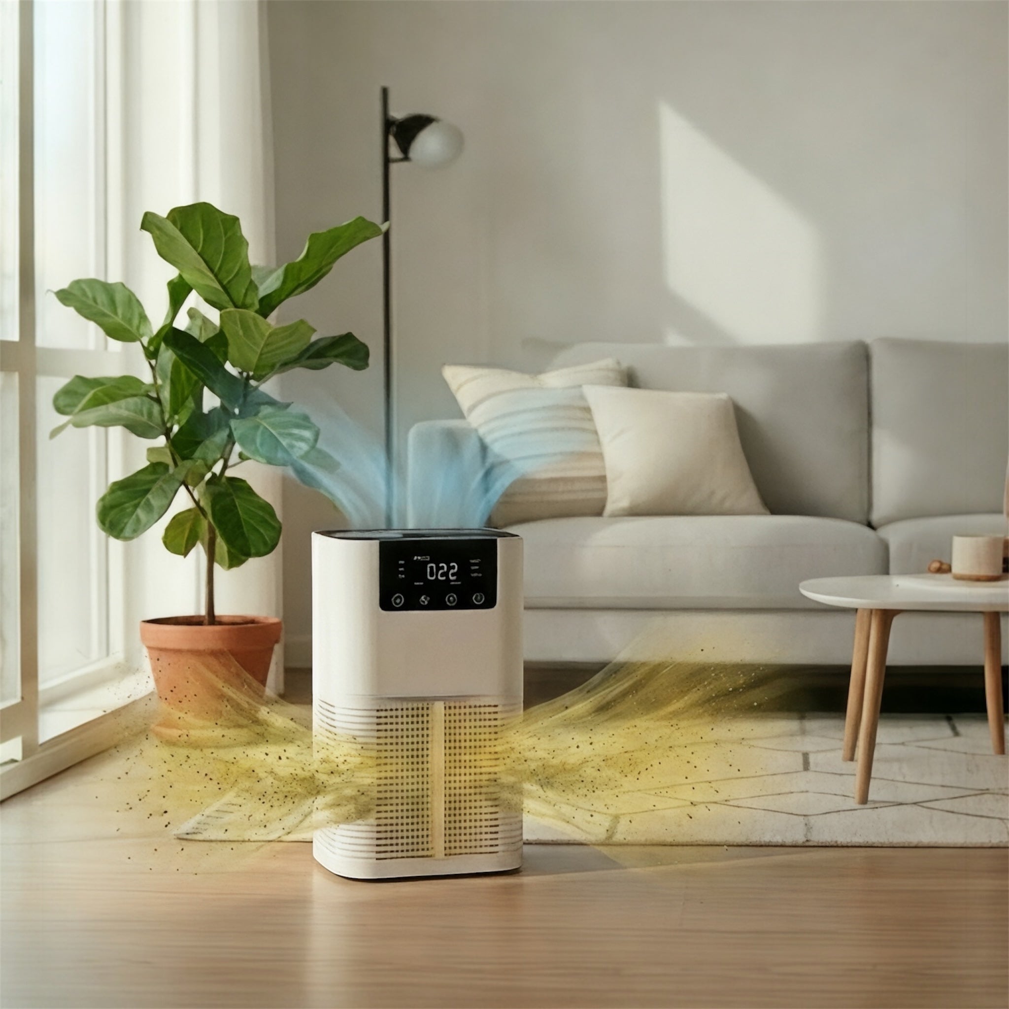 NuVibe™ air purifier capturing pollen dust and airborne particles to improve indoor air quality in home environment