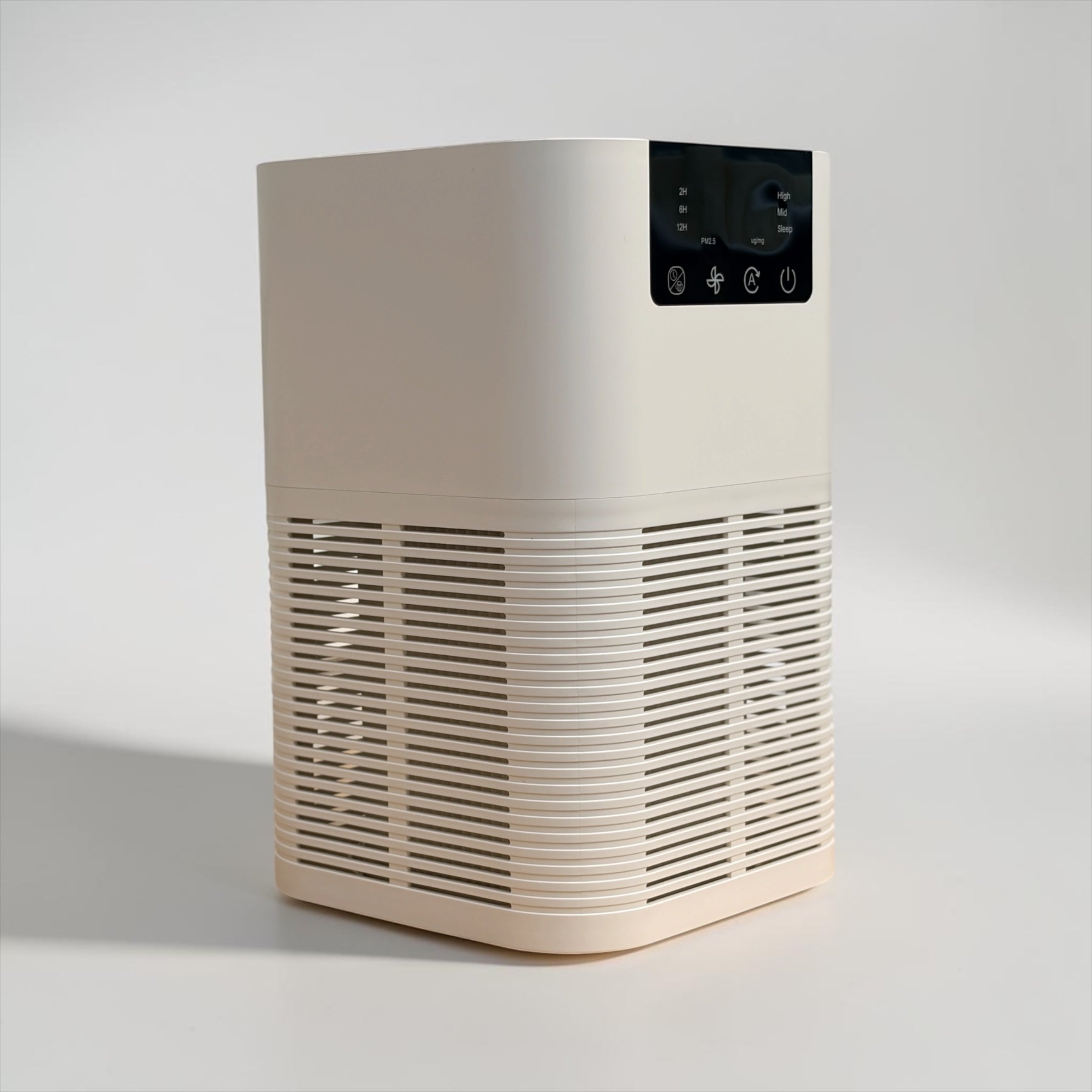 A white NuVibe™ Air Purifier in a studio room.