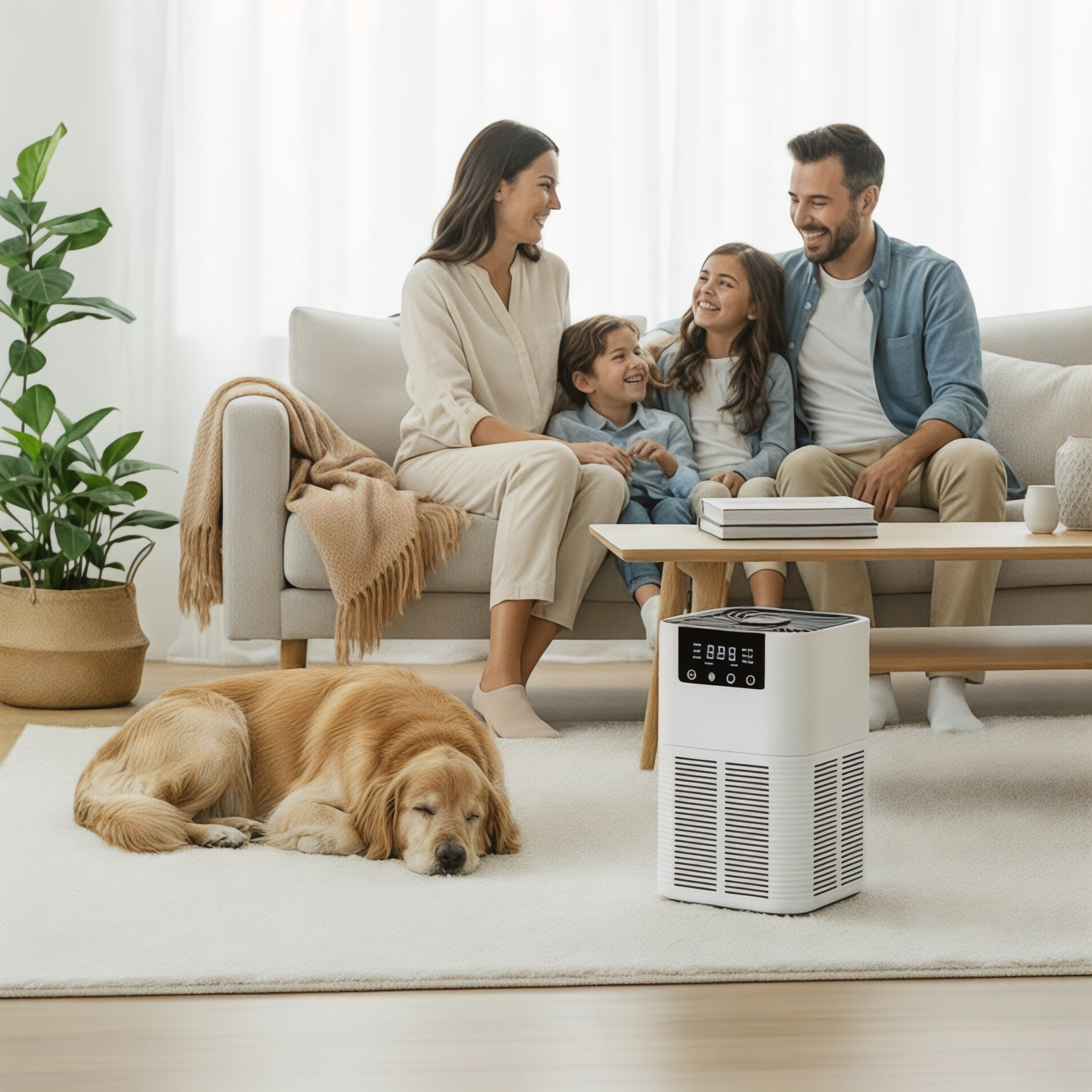 NuVibe™ air purifier in family living room with dog helping keep air fresh and clean