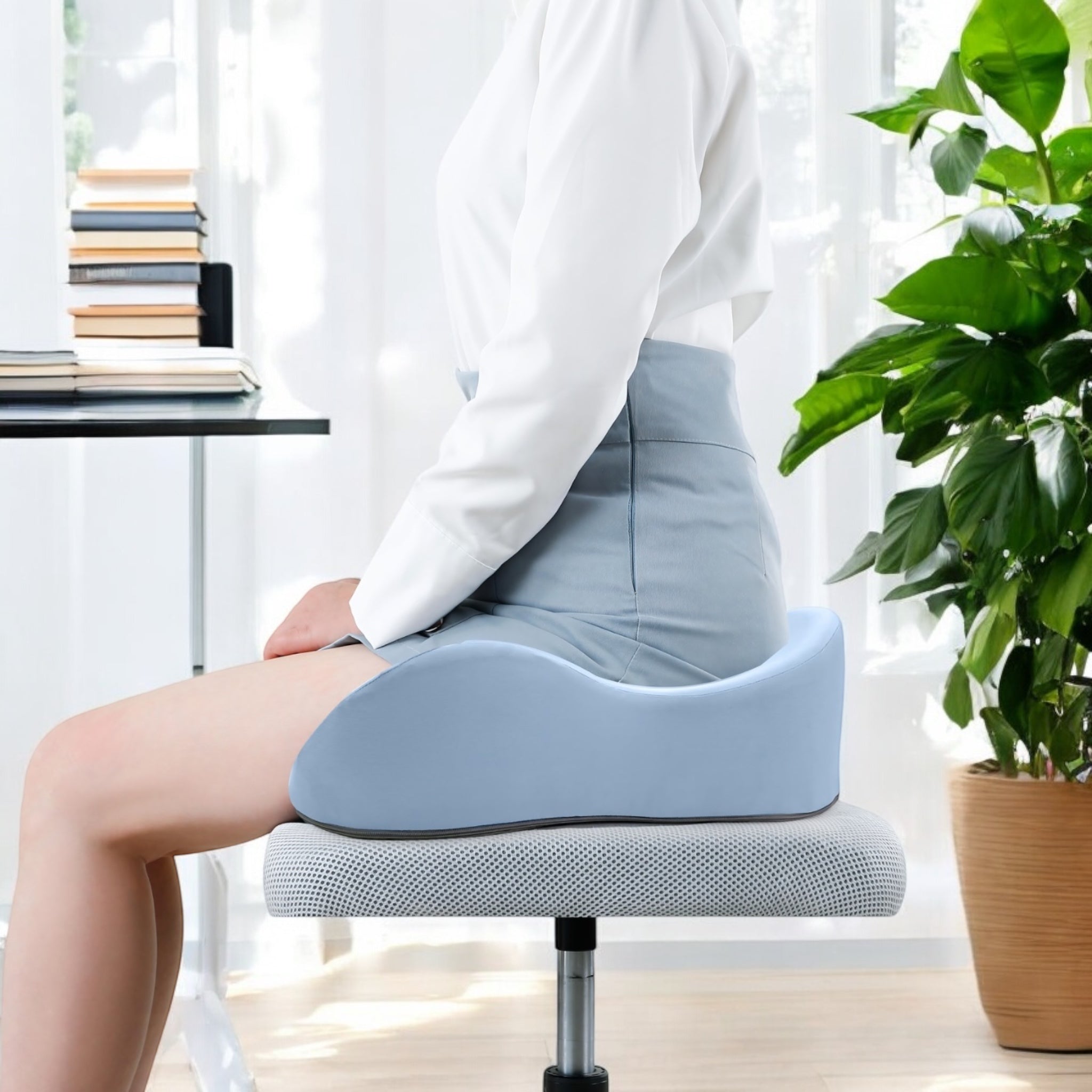 Baby Blue Cushion Side Angle with Human