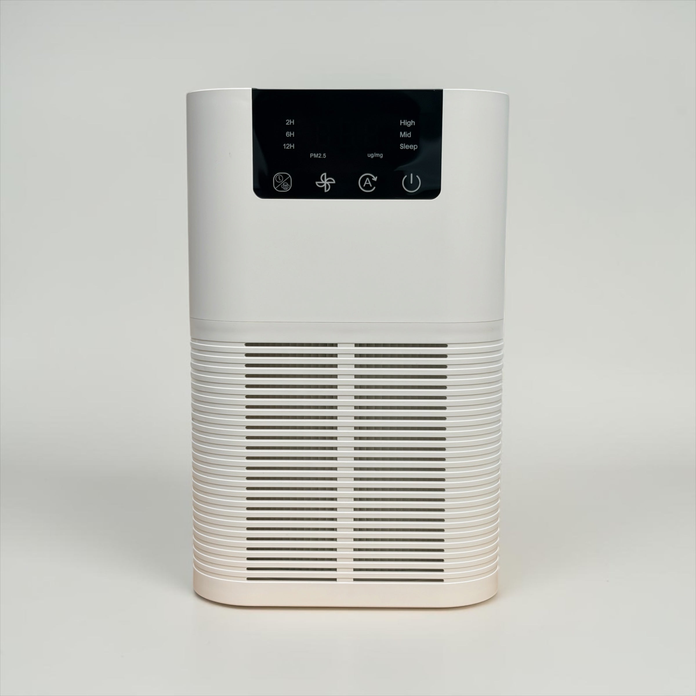 Full front view of the NuVibe™ Desktop Air Purifier in white with a rounded oval design, featuring a black touch control panel with PM2.5 air quality monitor, fan speed control (High, Mid, Sleep), Auto mode, and timer function – a modern compact air purifier for home and office use