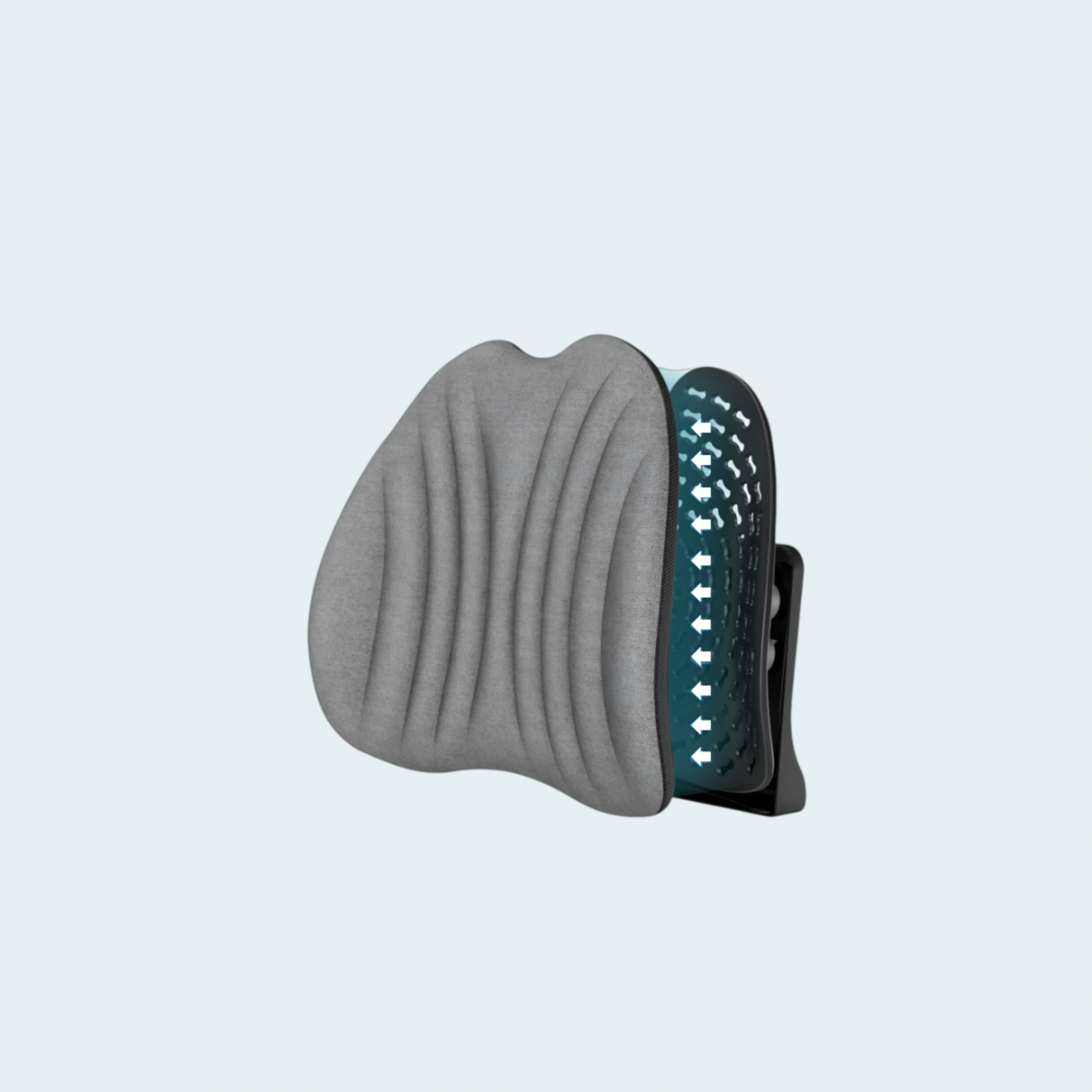 3D-rendered ergonomic back cushion with airflow arrows showing ventilation through the breathable mesh, designed for comfort and spinal alignment.