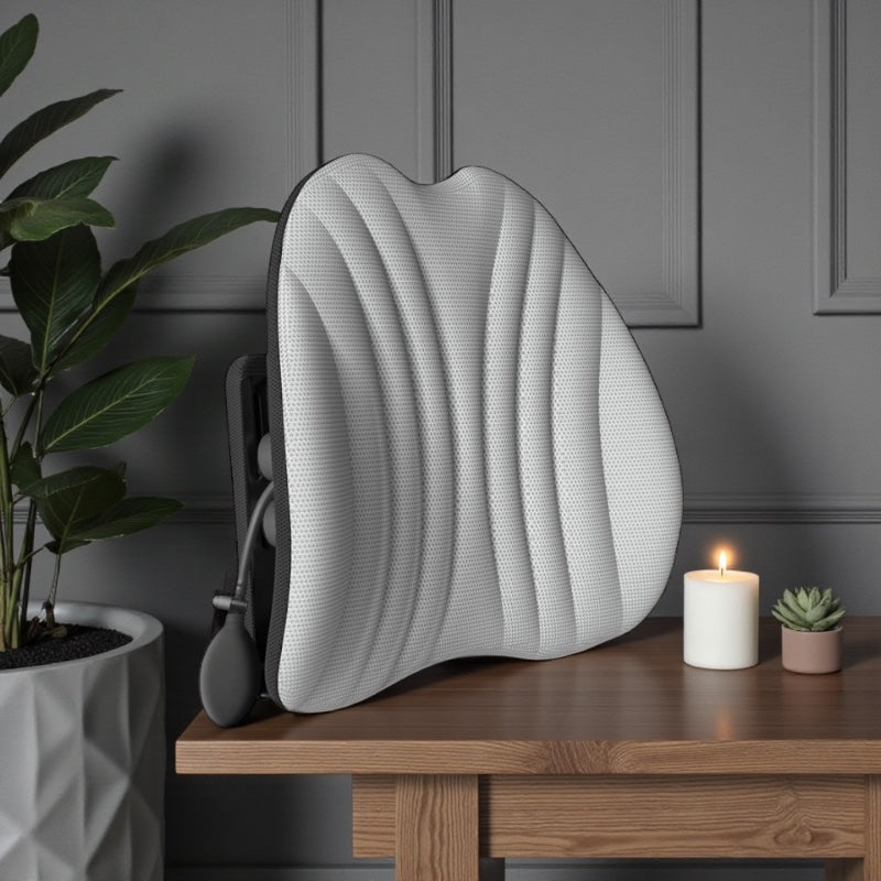 NuVibe™ Ergonomic Angel Cushion in White Moon on a wooden desk with candle and plant, luxury ergonomic cushion for posture support and relaxed everyday seating.