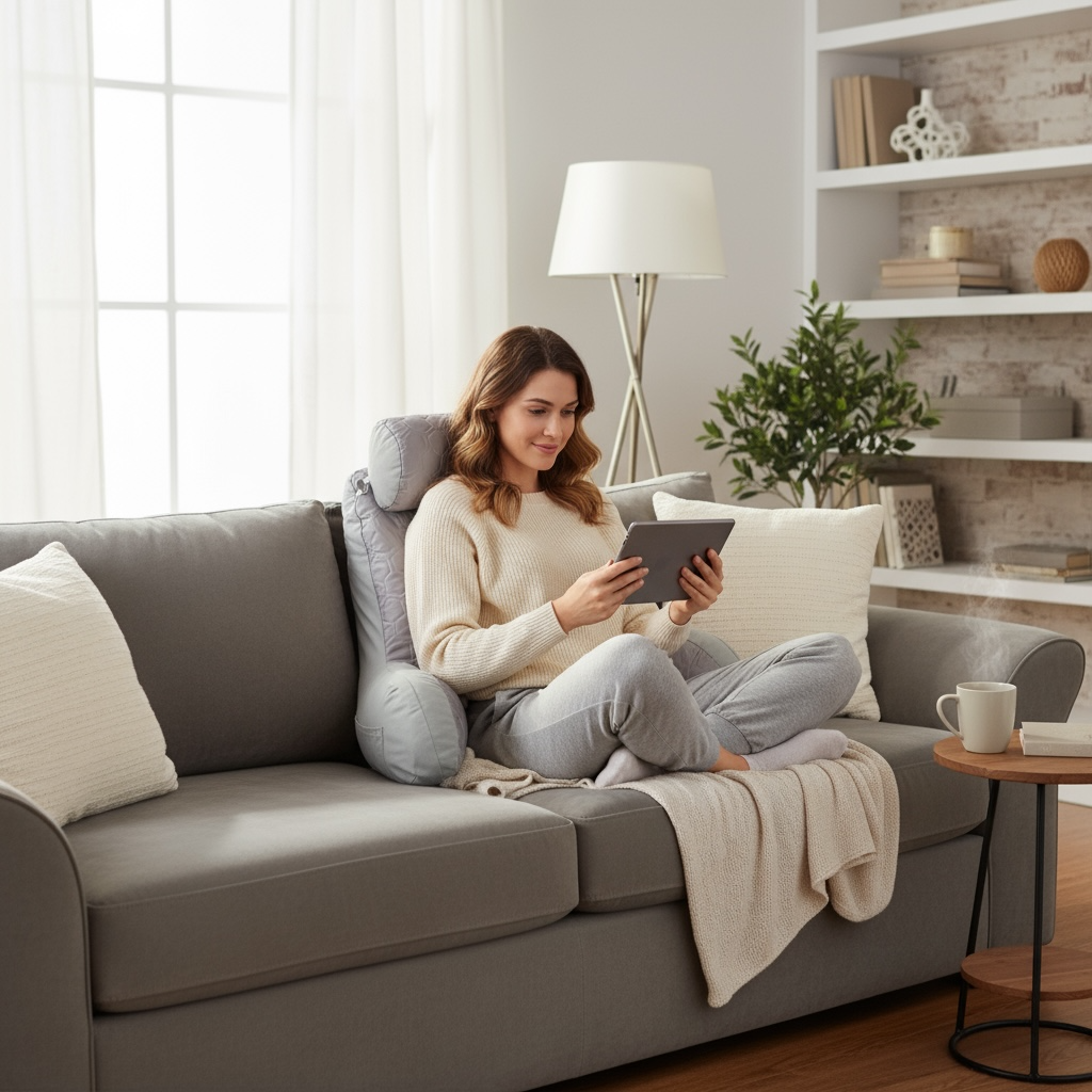 NuVibe™ Ergonomic Comfort Core Cushion providing full back support with detachable headrest and armrests, ideal for reading, working, and relaxation.