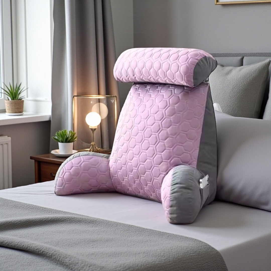 Lavender NuVibe™ Ergonomic Comfort Cushion offering full back, arm, and neck support, designed for calming comfort and improved sitting posture during long sitting sessions.