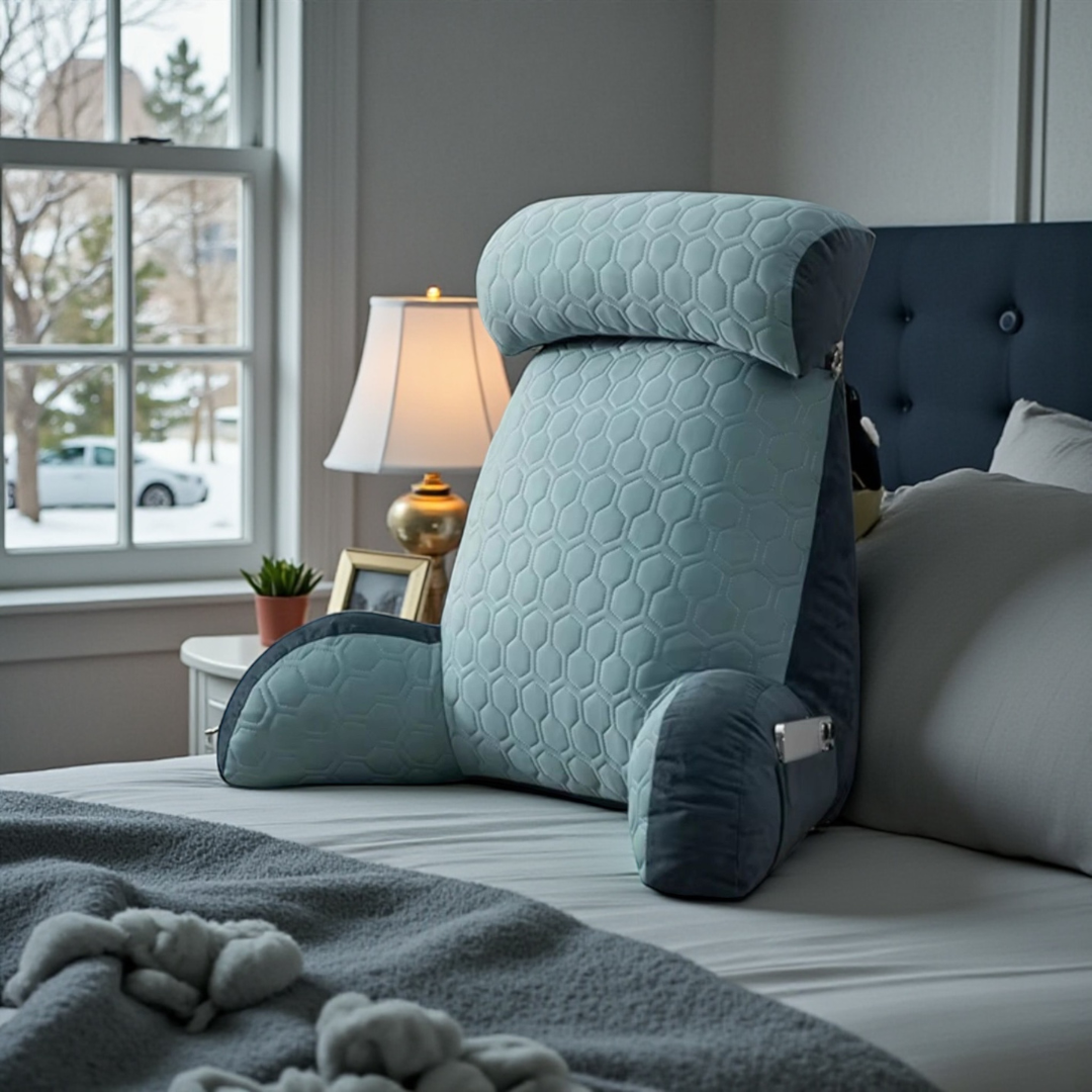 Ocean blue NuVibe™ Ergonomic Comfort Cushion with headrest and arm support, created for relaxed upright sitting in bed and comfort-focused wellness support.