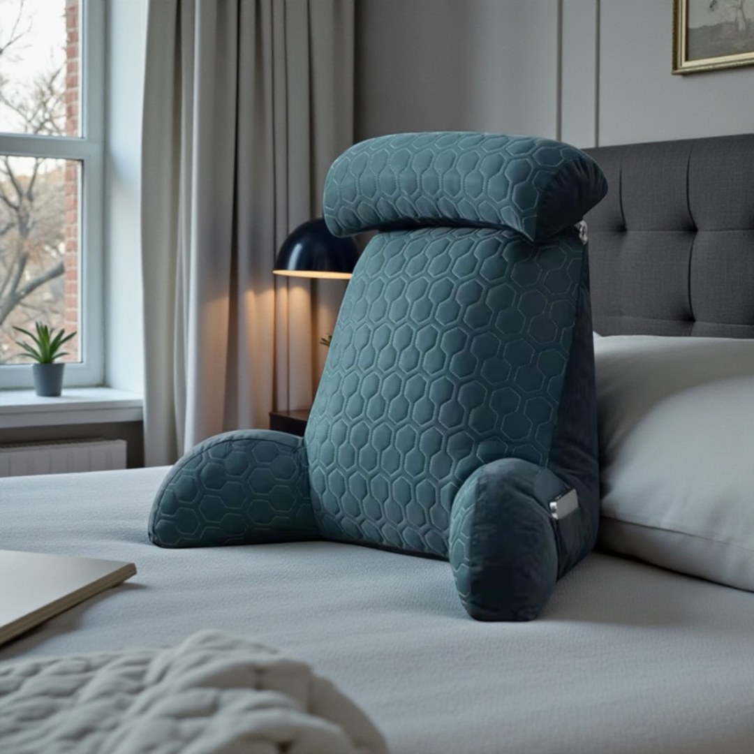 Turquoise NuVibe™ Ergonomic Comfort Cushion designed for supportive comfort and healthy sitting posture in bed, ideal for everyday wellness and back pain comfort at home.
