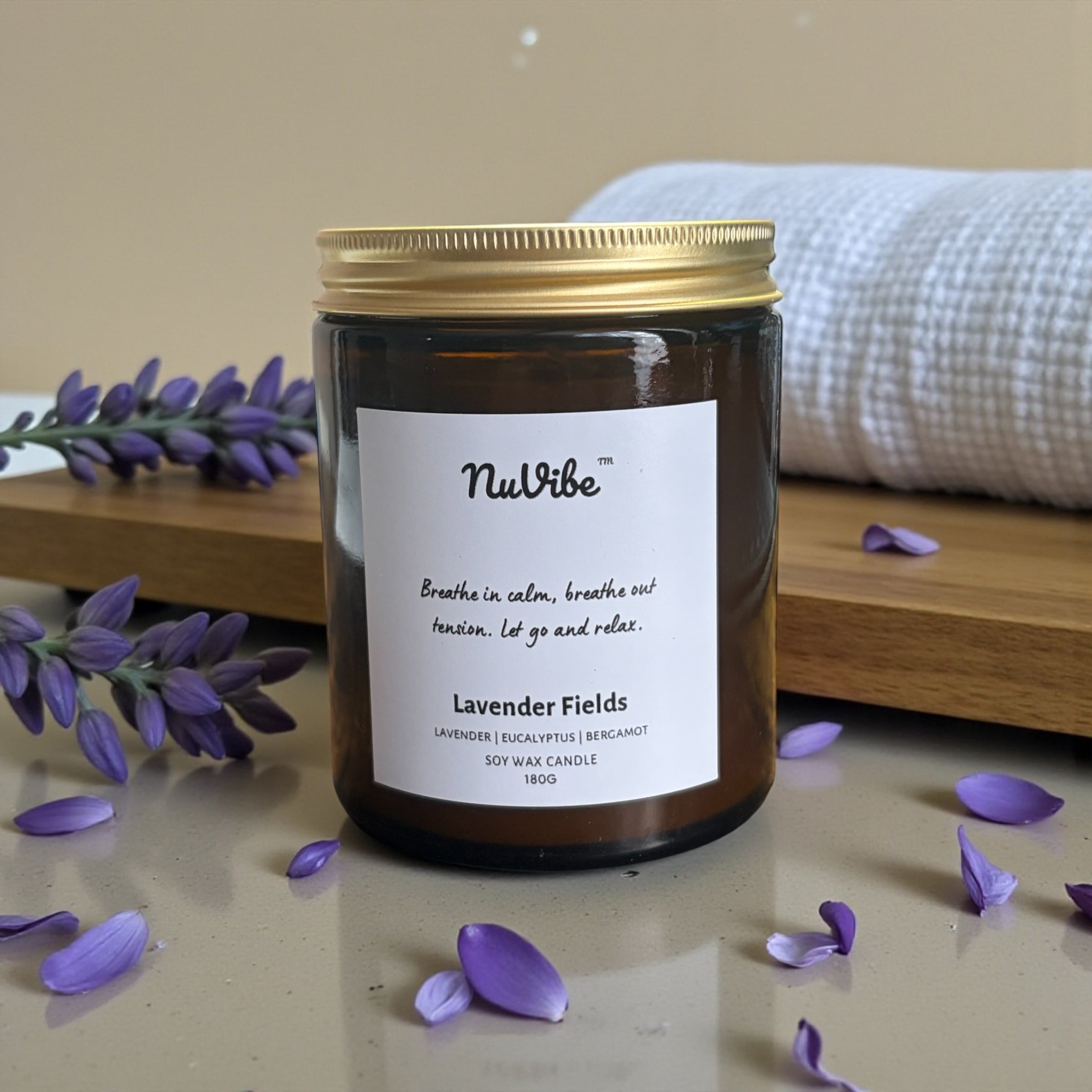 NuVibe lavender fields essential oil soy wax candle 180g in amber jar, clean burning vegan candle for home relaxation