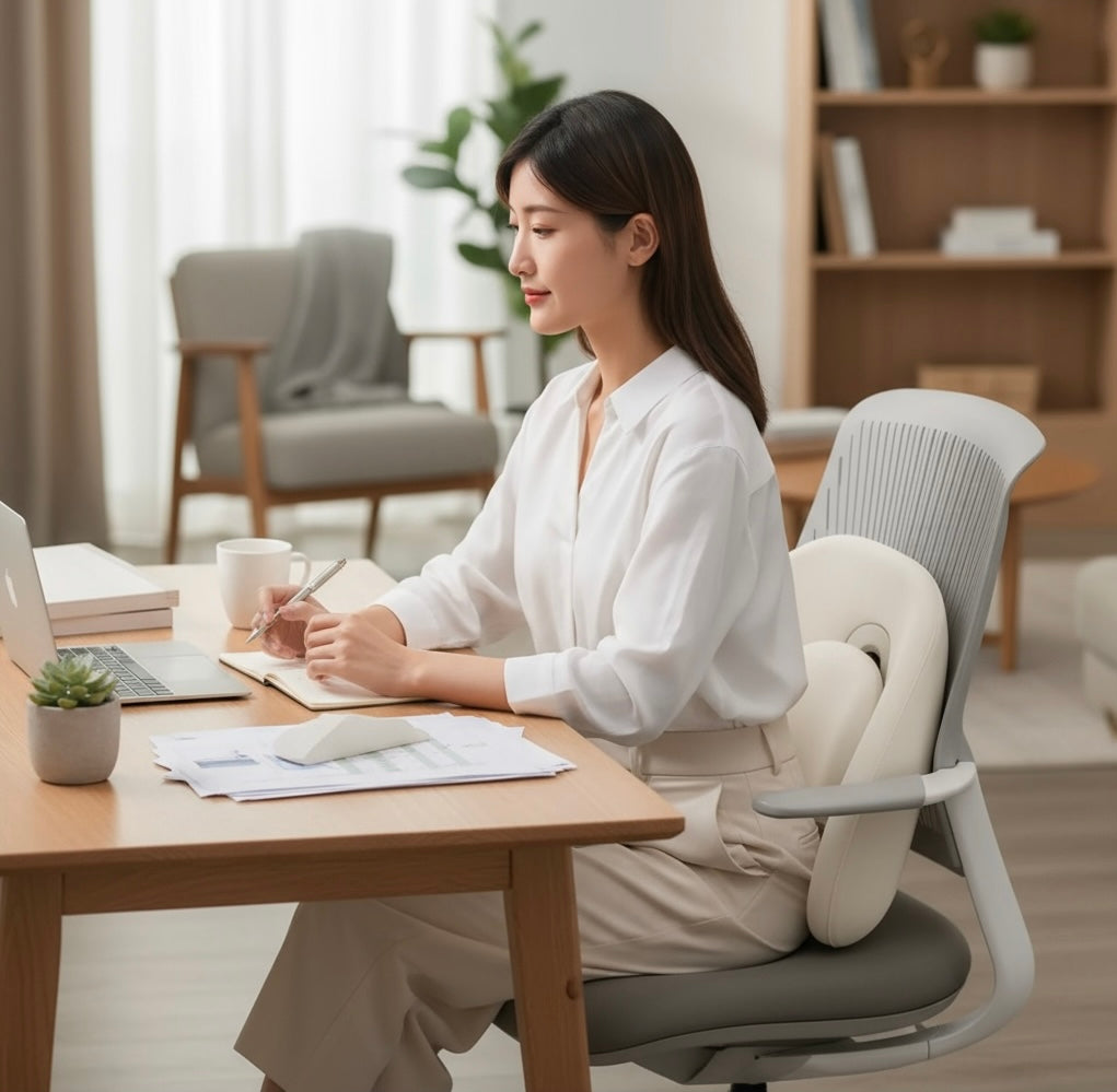NuVibe™ x CICIDO ErgoLuxe Cushion in Dream Cream, providing ergonomic lumbar support for healthy posture while working at a desk.
