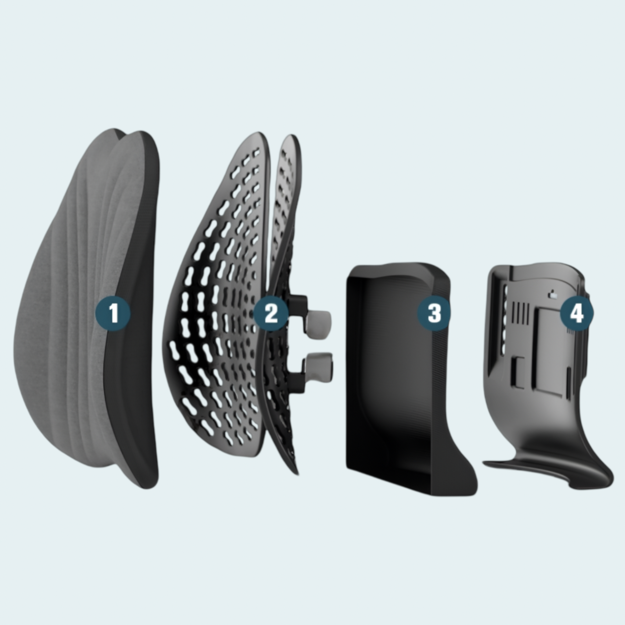 Exploded view of ergonomic back support cushion showing four layers: contoured cushion cover, breathable mesh structure, lumbar shell, and adjustable support base.