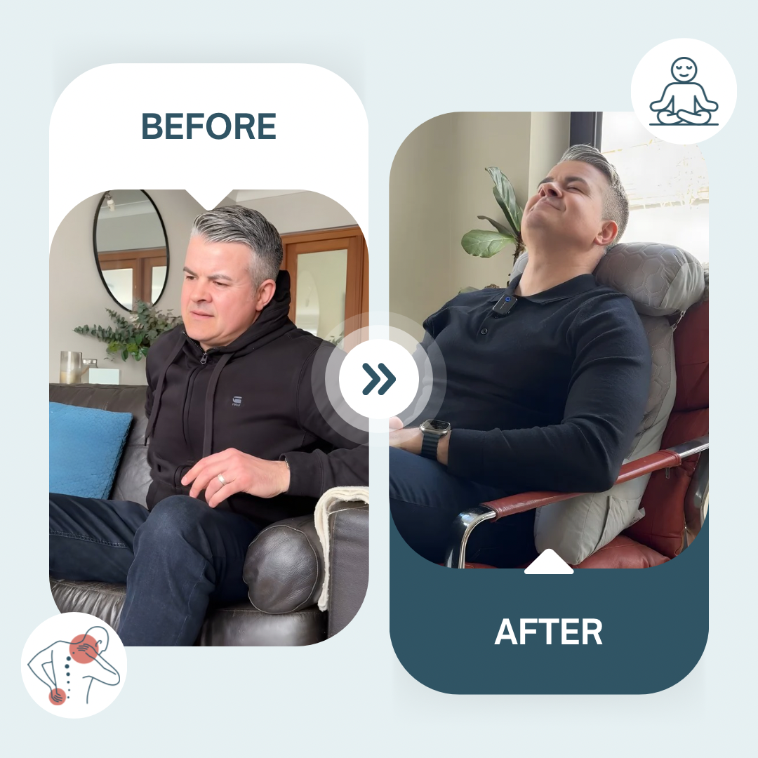 Image of a person having back pain and an image of a person using the NuVibe Ergonomic Cushion sitting in relief with no pain