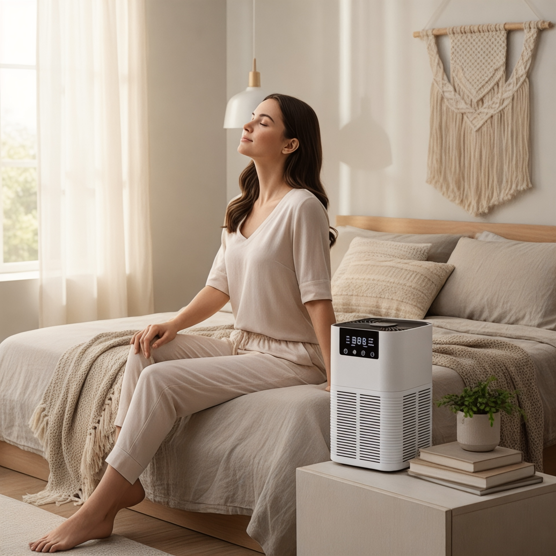 woman relaxing and breathing comfortably at home with NuVibe™ air purifier improving indoor air freshness