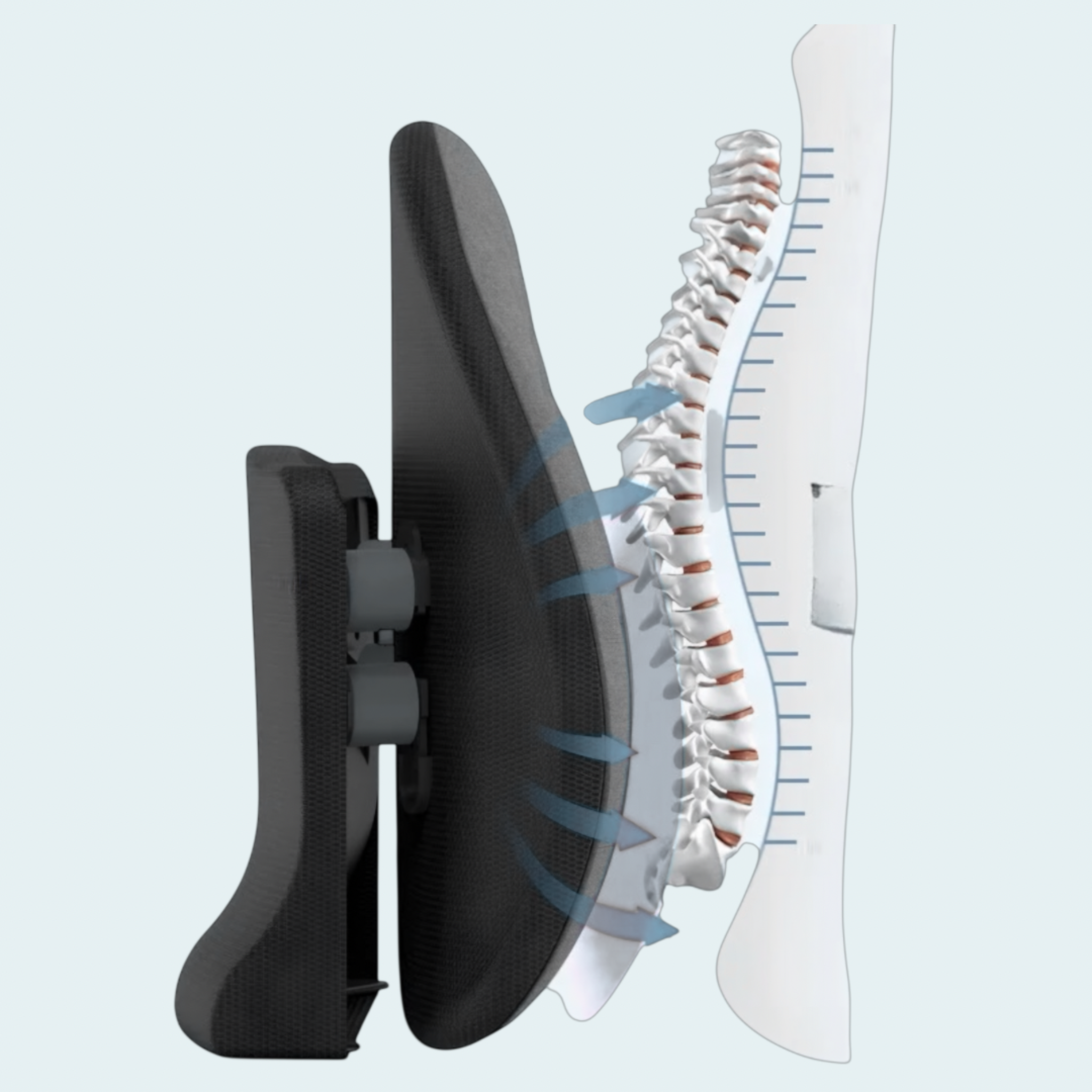 Side view of ergonomic back cushion supporting the human spine with airflow indicators, highlighting posture correction and lumbar support benefits.
