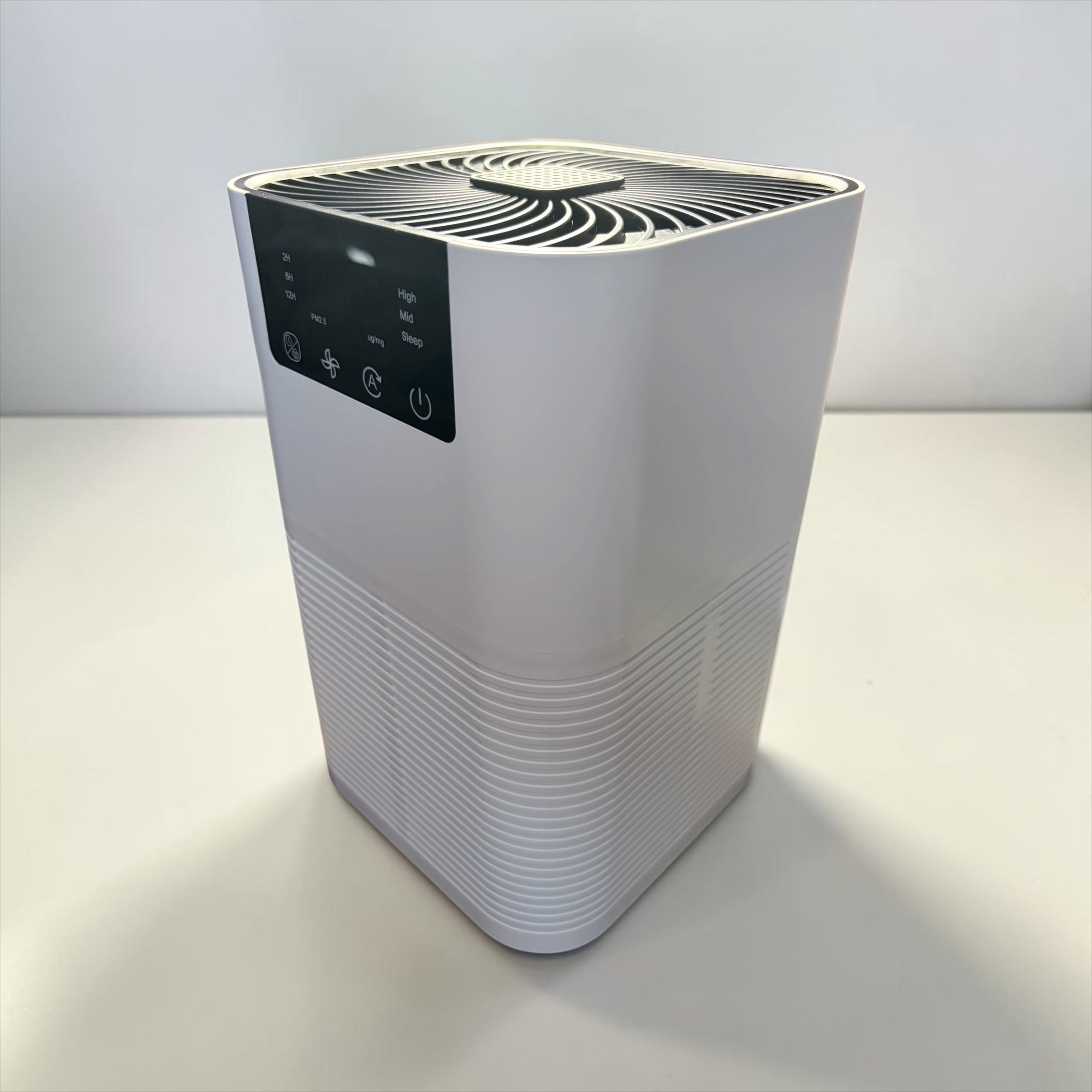 Side view of NuVibe™ air purifier compact and stylish air cleaner for modern indoor spaces
