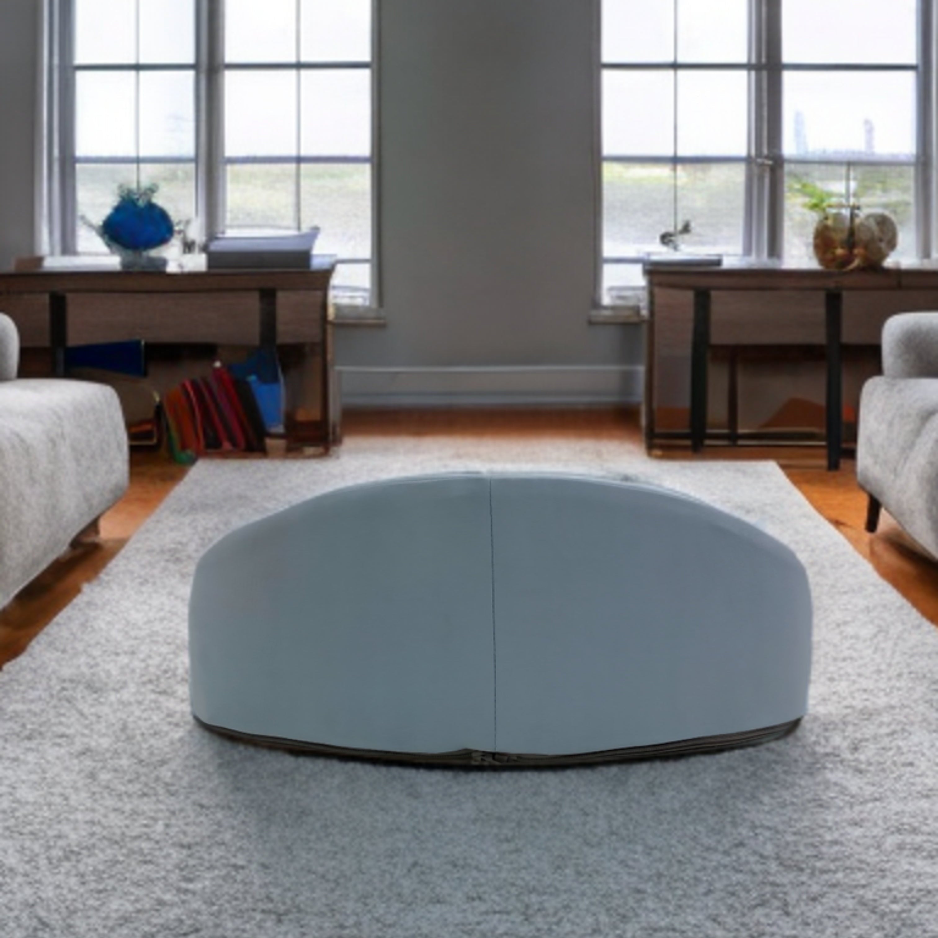 Baby Blue Seat Cushion on Carpet Behind View