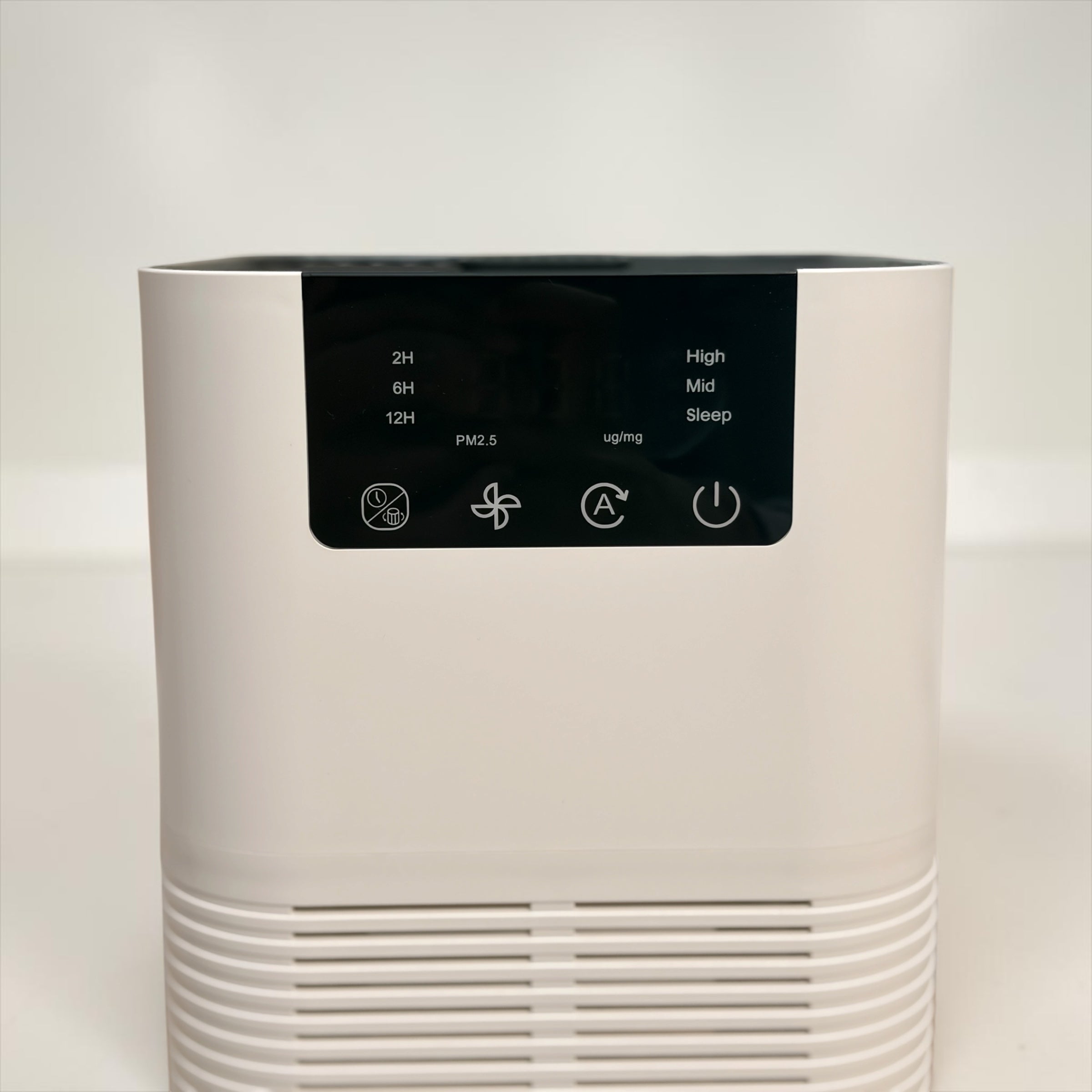 Close-up of the NuVibe™ Desktop Air Purifier's sleek black touch control panel showing timer settings (2H, 6H, 12H), PM2.5 air quality display in ug/mg, fan speed modes (High, Mid, Sleep), Auto mode button, and power button – ideal for bedroom and office air purification.
