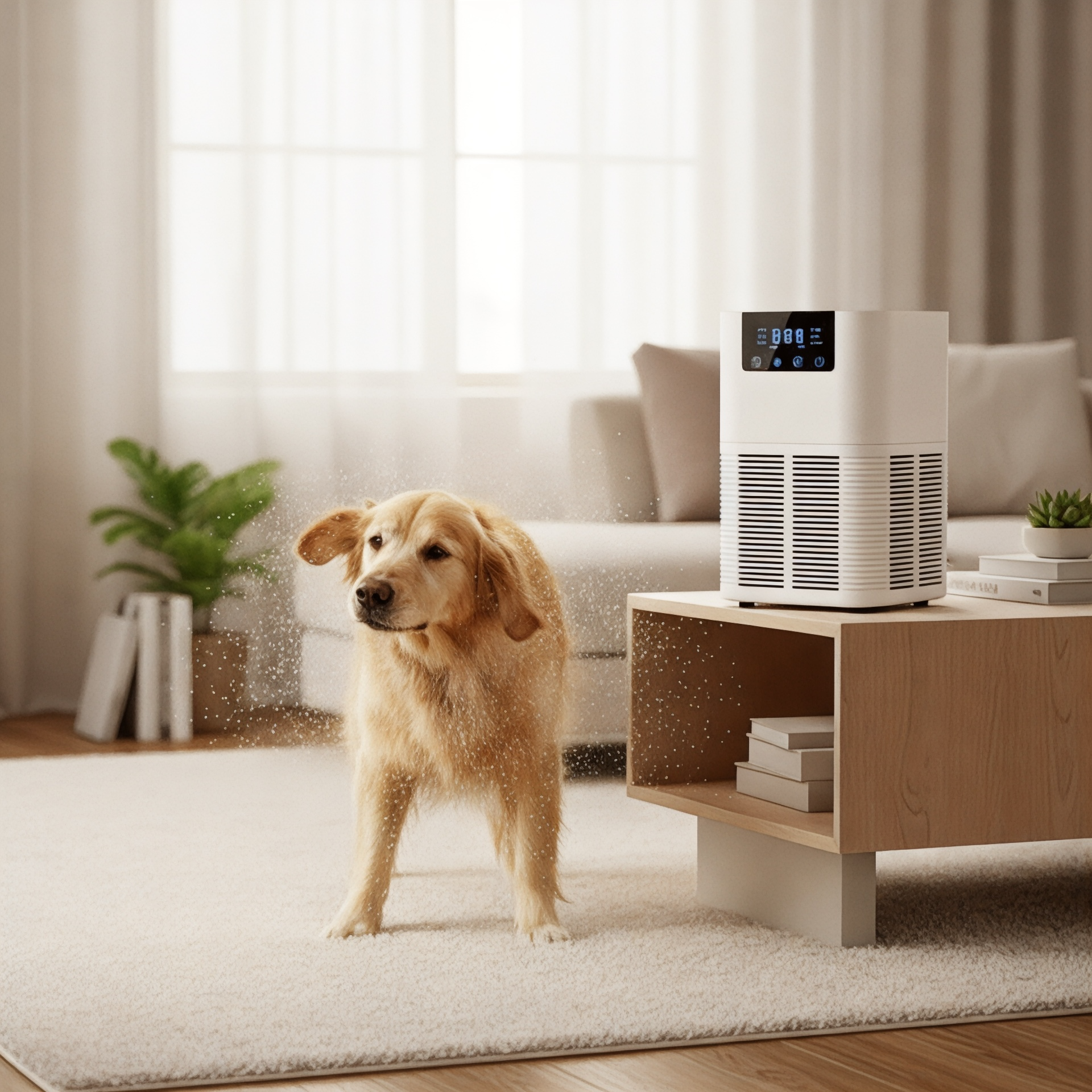 NuVibe™ air purifier beside family sofa with dog ideal for pet homes and odour control