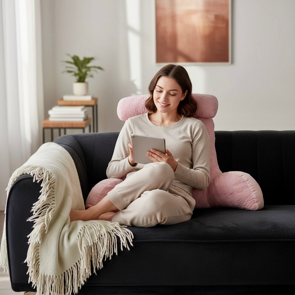 Pink ergonomic back support cushion for reading and relaxation on sofa, providing comfort and healthy posture.