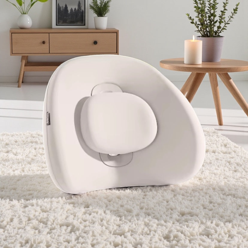 NuVibe™ x CICIDO ErgoLuxe Cushion in Dream Cream in a modern living room, luxury ergonomic back cushion for posture support and relaxed everyday seating.