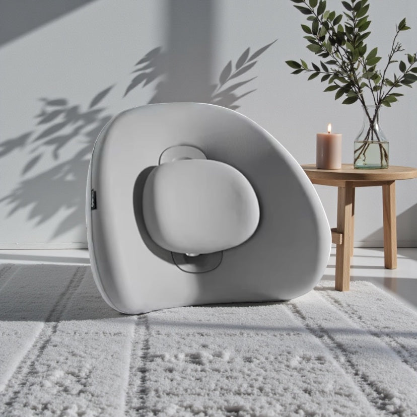 NuVibe™ x CICIDO ErgoLuxe Cushion in Pearl Grey in a bright home interior, ergonomic lumbar cushion designed for posture alignment and comfortable sitting.
