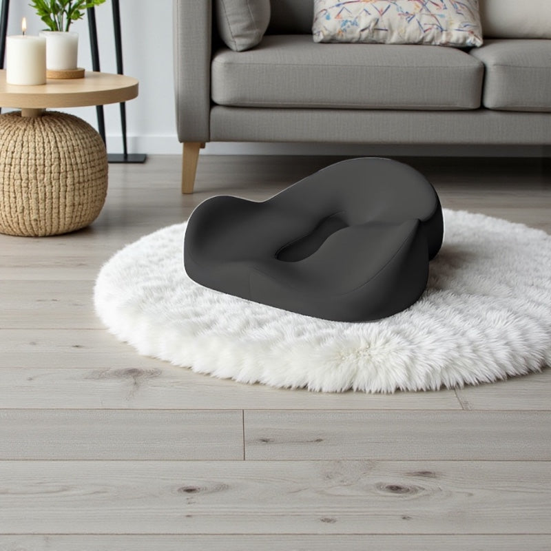 NuVibe™ Comfort Core Seat Cushion in Pure Black in a stylish home setting, premium ergonomic seat cushion designed for posture support and long sitting comfort