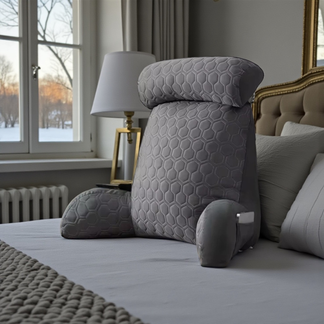 Grey NuVibe™ Ergonomic Comfort Cushion offering full back, arm, and neck support, designed to promote comfort, relaxation, and better sitting posture for back pain sufferers.
