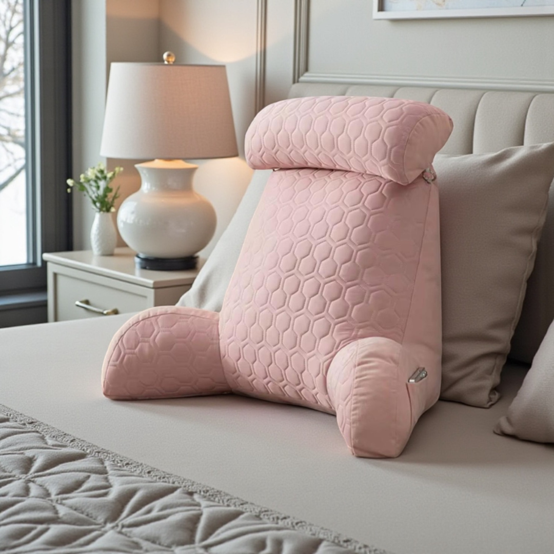 Pink NuVibe™ Ergonomic Comfort Cushion with headrest and arm support, created for comfort-focused sitting and wellness support for those experiencing back discomfort at home.
