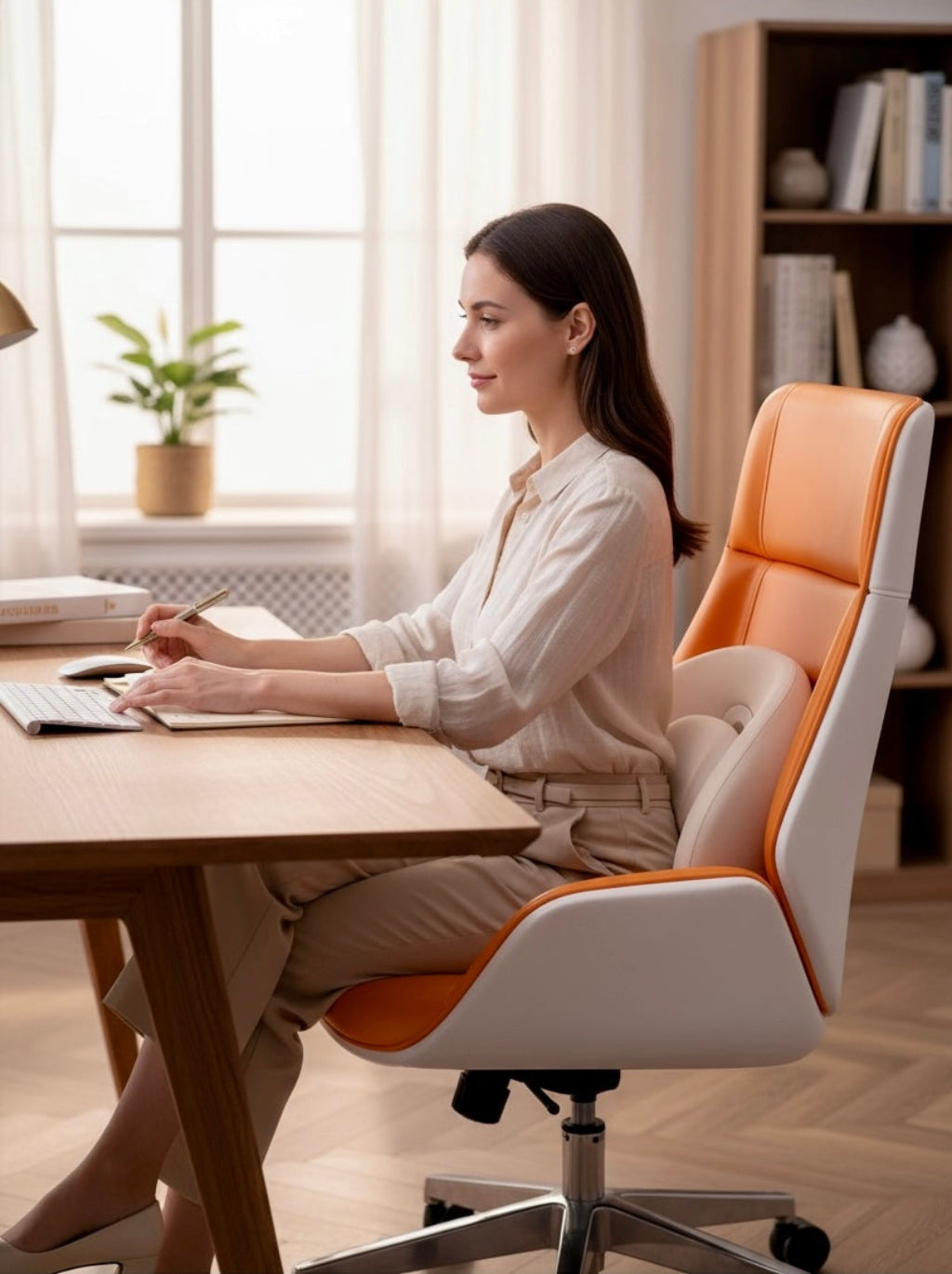 NuVibe™ x CICIDO ErgoLuxe Cushion in Orange, supporting posture and comfort for work-from-home desk setup.