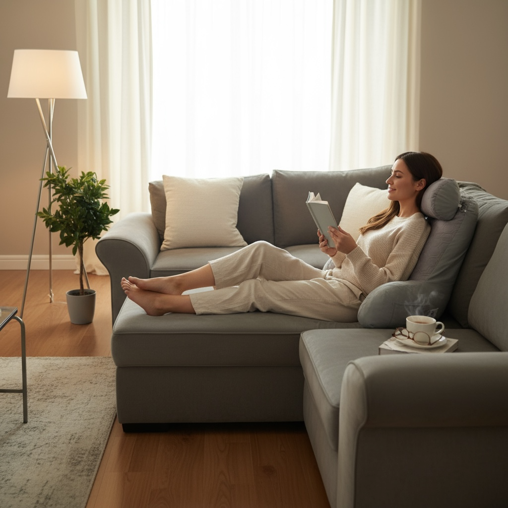 Grey ergonomic backrest cushion for lounging and reading on sofa, with headrest and arm support.